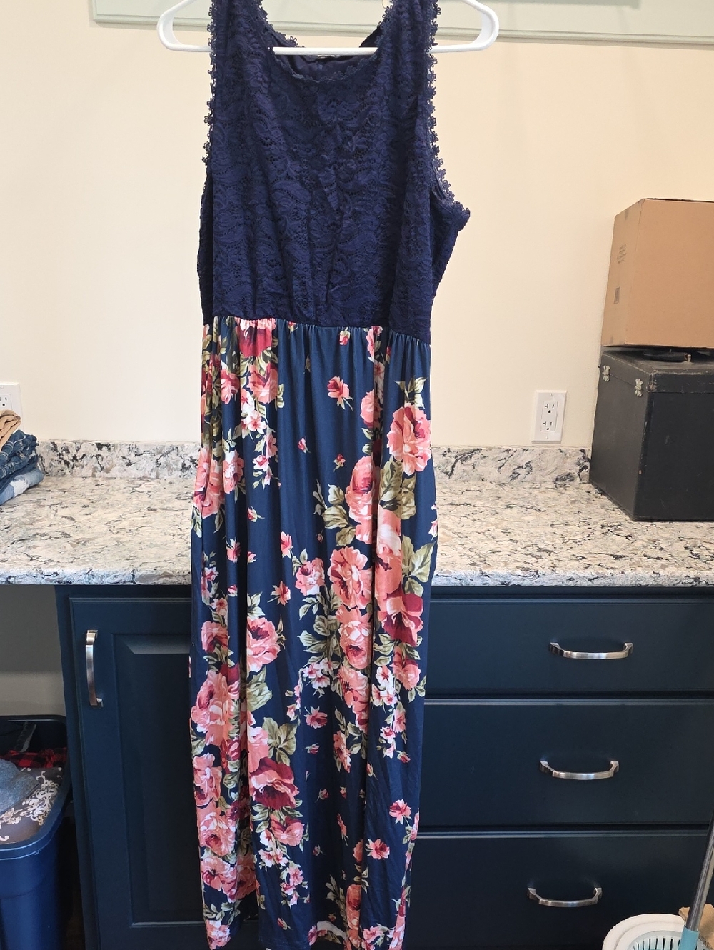 Navy Floral Lace Bodice Maxi Dress